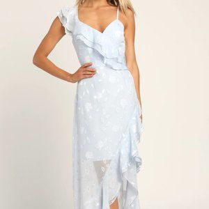 Lulu's Forever Be Light Blue Floral Jacquard Ruffled Maxi Dress, Small